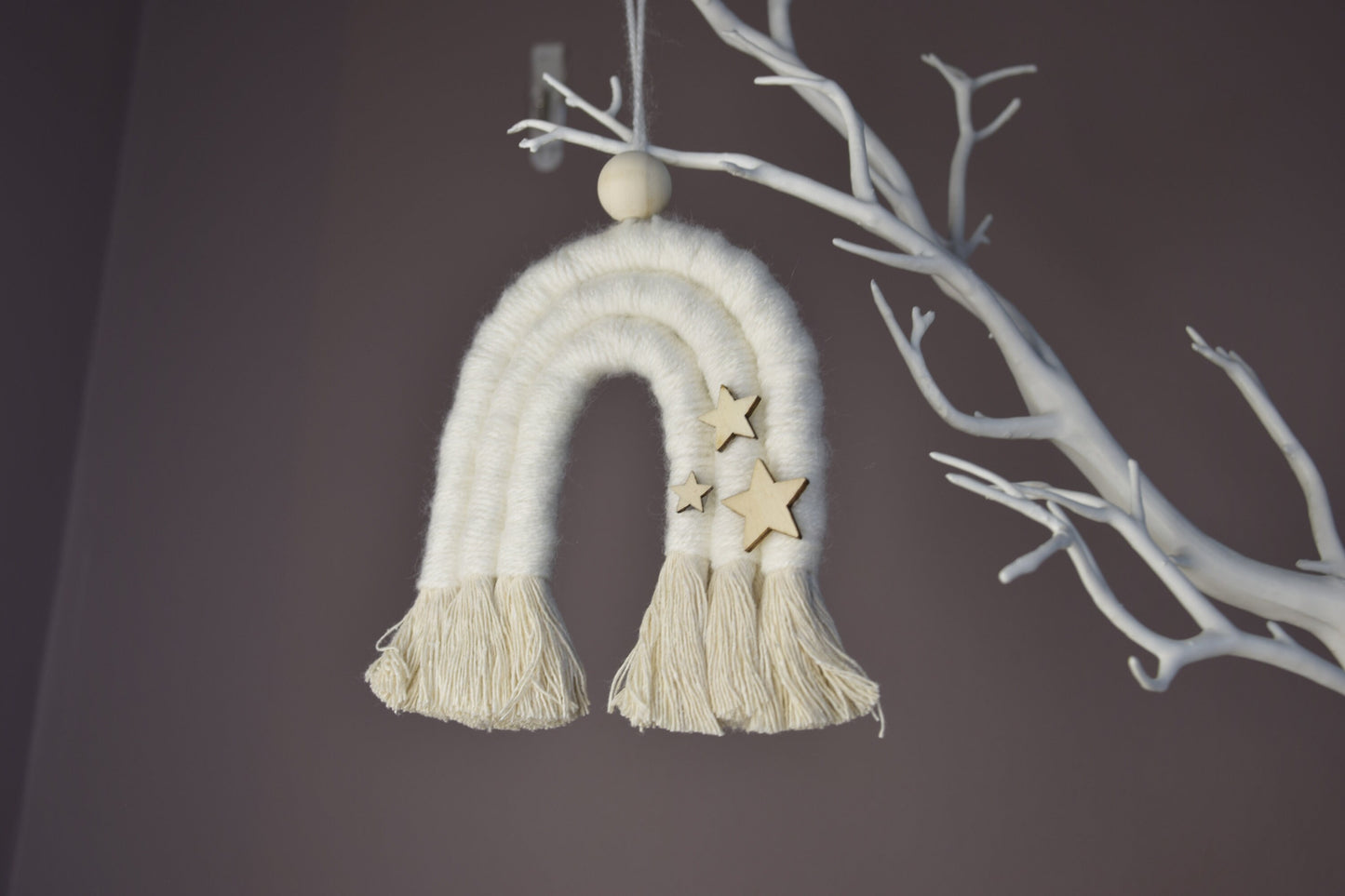 White Macrame Christmas Tree Ornaments with stars