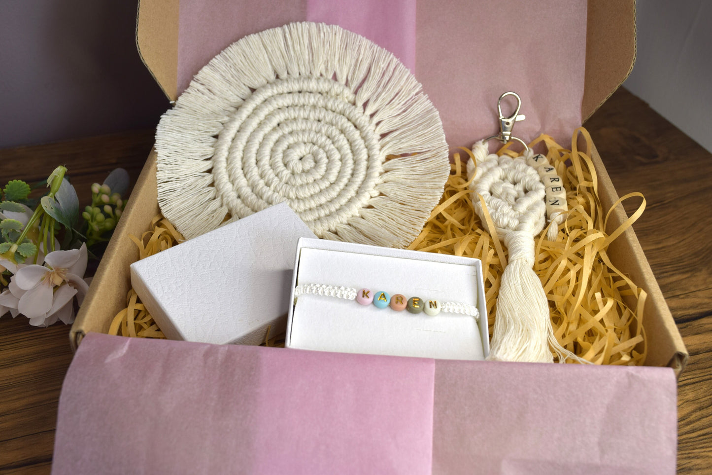 Personalised Christmas Gift Box for Her, Cotton Anniversary Gift, Eco Friendly Holiday Gift Set, Custom Macrame Gift Set, Thank you gifts