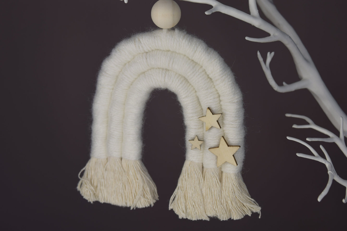 White Macrame Christmas Tree Ornaments with stars