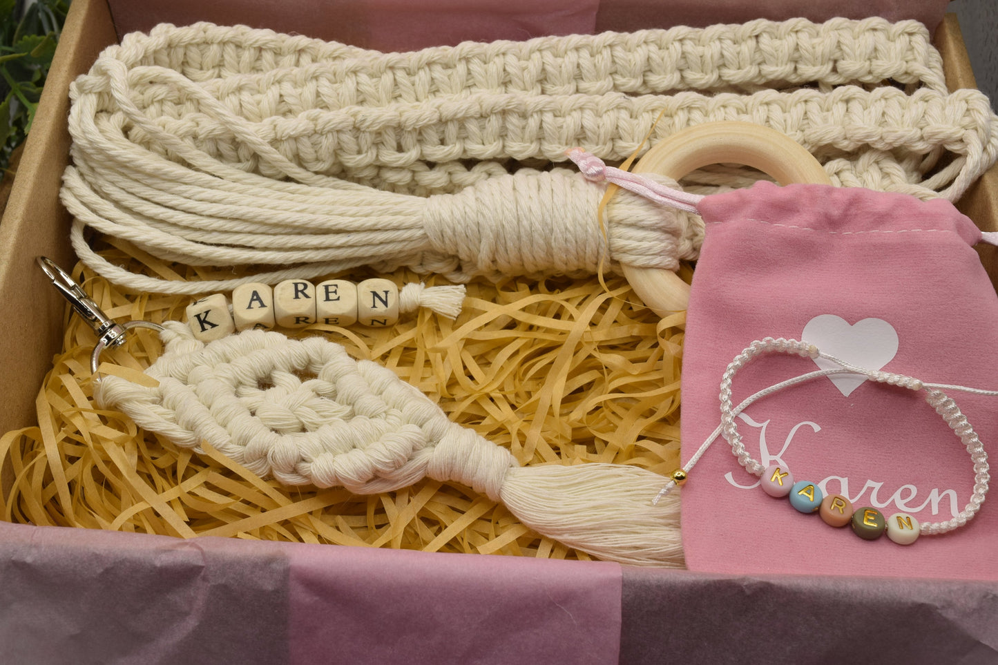 Personalised Gift Box for Her, Cotton Anniversary Gift, Valentine Gift Bundle, Custom Macrame Plant Hanger - Keyring - Bracelet Gift Package
