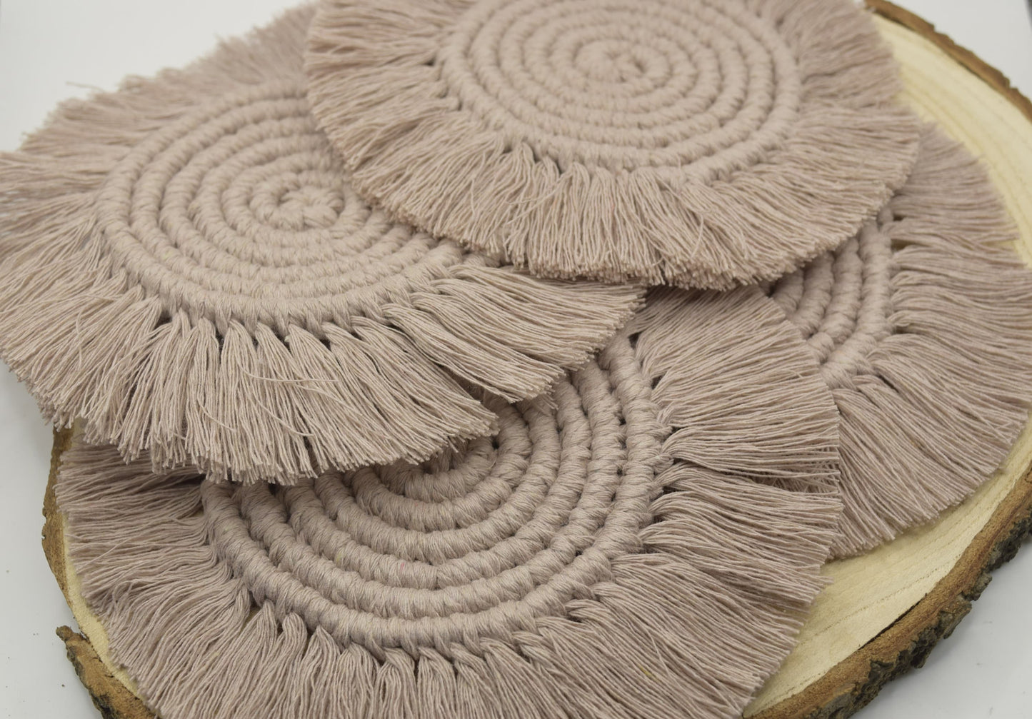 Round Macrame Coasters Set, Handmade Woven Placemats, Cotton Boho Mug Rug, Neutral Beverage Mat for Mug, Aesthetic Coffee Table Protectors