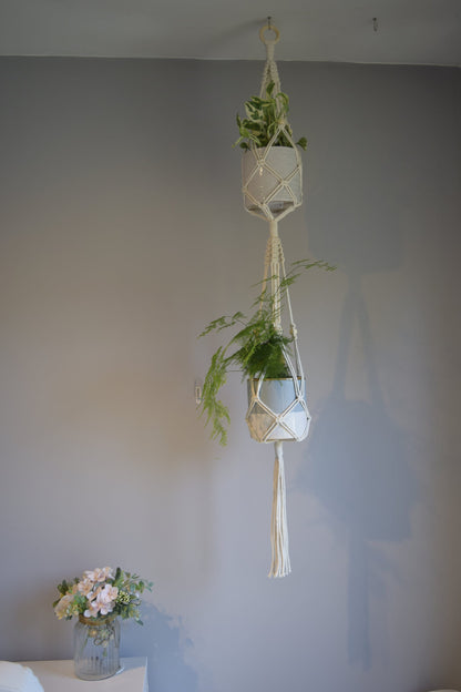 Indoor Double Tier Macrame Ceiling Plant Hanger with Tassel