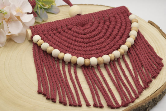 Small Macrame Half Moon Burgundy Wall Decor